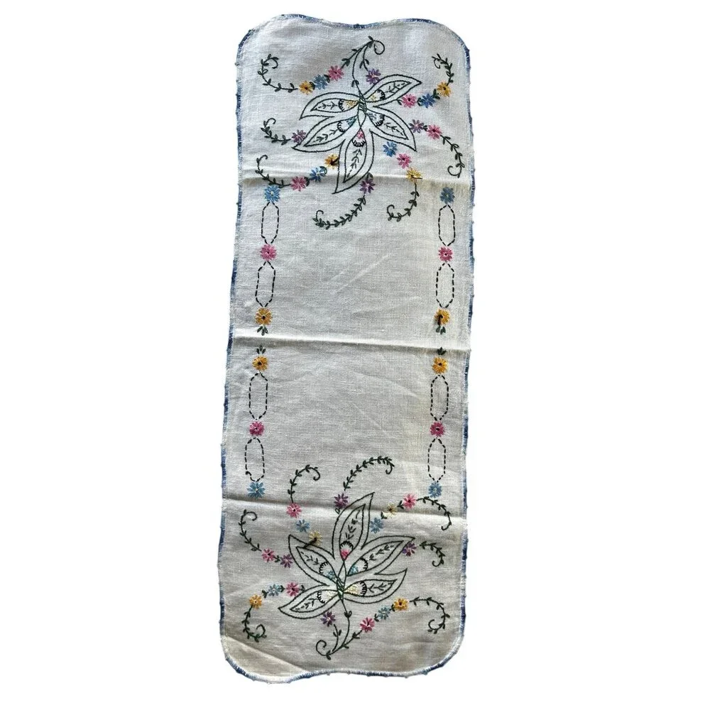 Vintage Hand-Embroidered Floral Table Runner Blue Crocheted Lace Edge 32